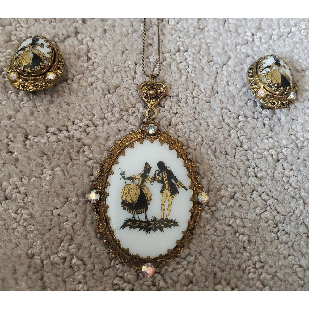 West Germany Glass Transfer ware Courting Couple Cameo Necklace Clip Earrings